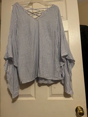 entro Light Blue and White Striped Crisscross V-Neck Blouse